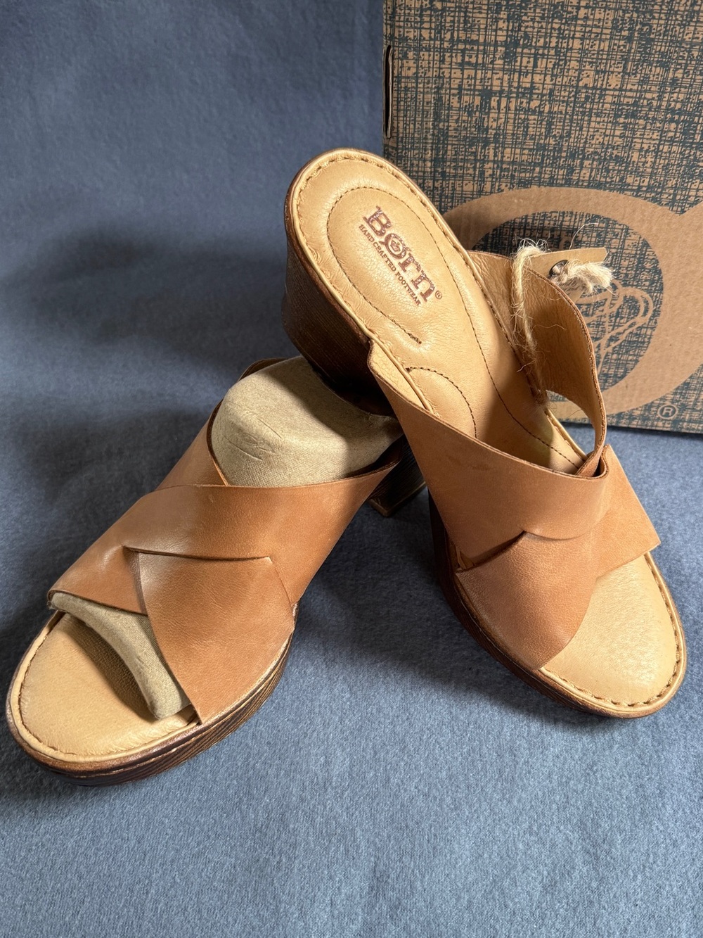 Born Tan Leather Crossover Slide Mules
